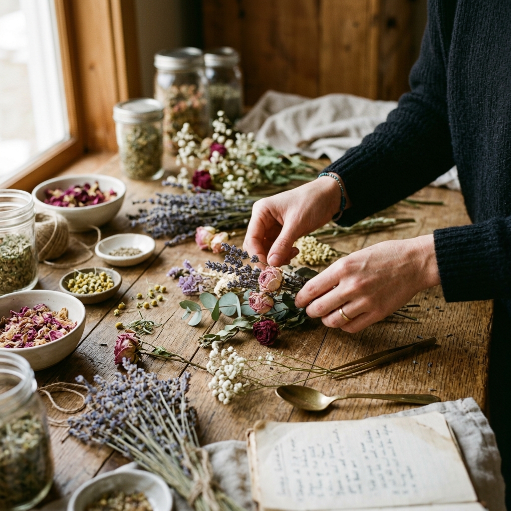Hands arranging dried botanical flowers