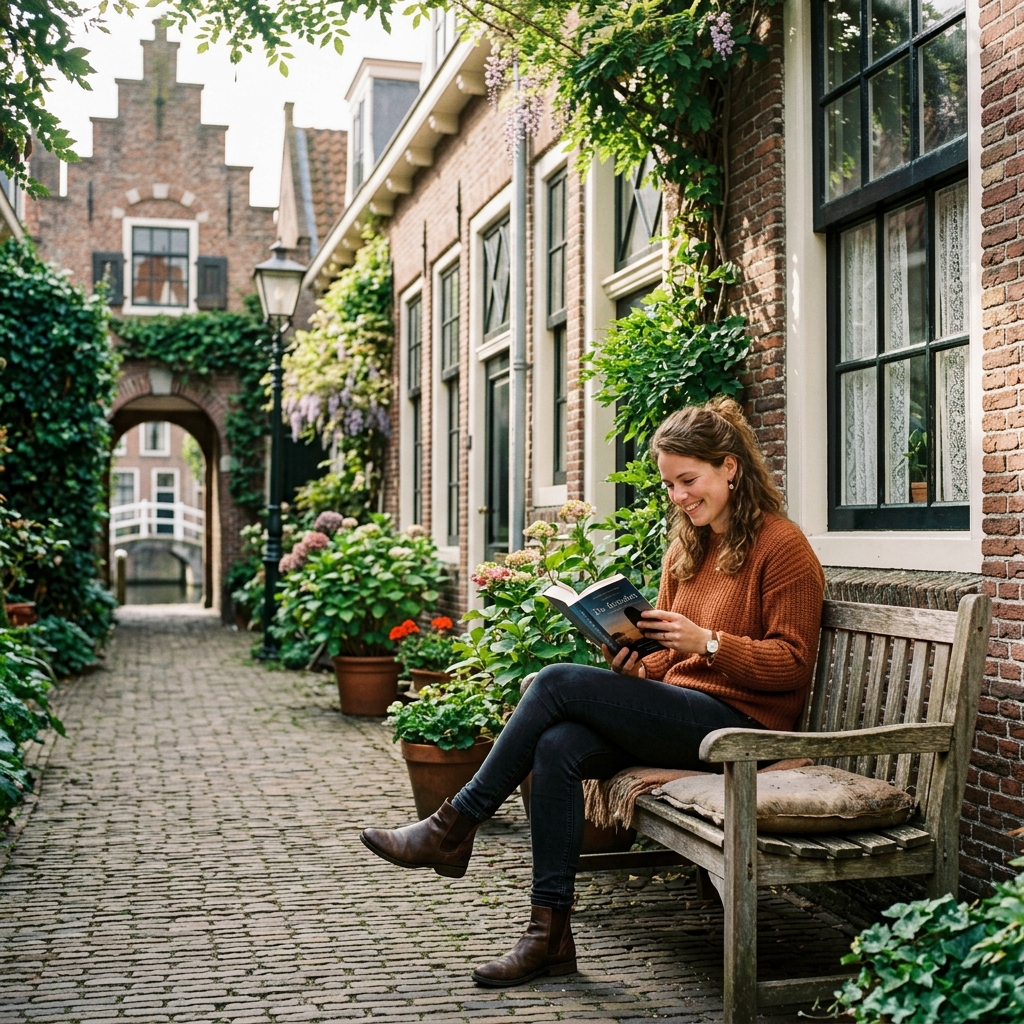Smiling woman sitting on a wooden bench in a courtyard