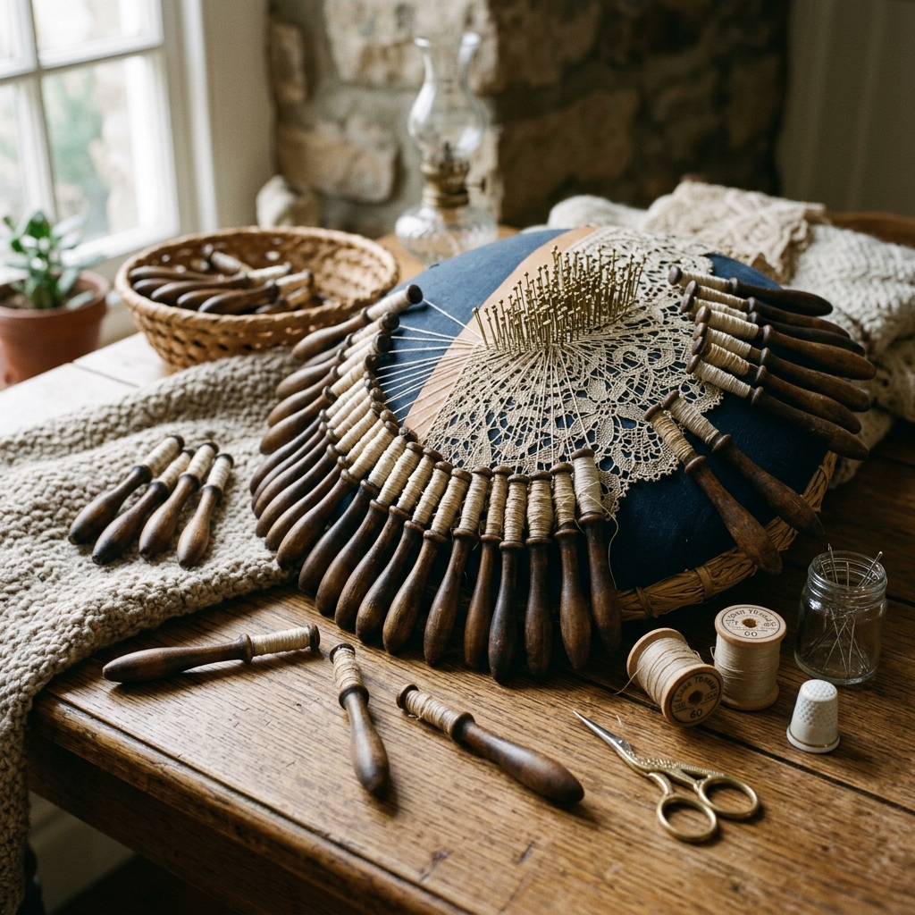 Vintage Dutch lace-making bobbins and threads