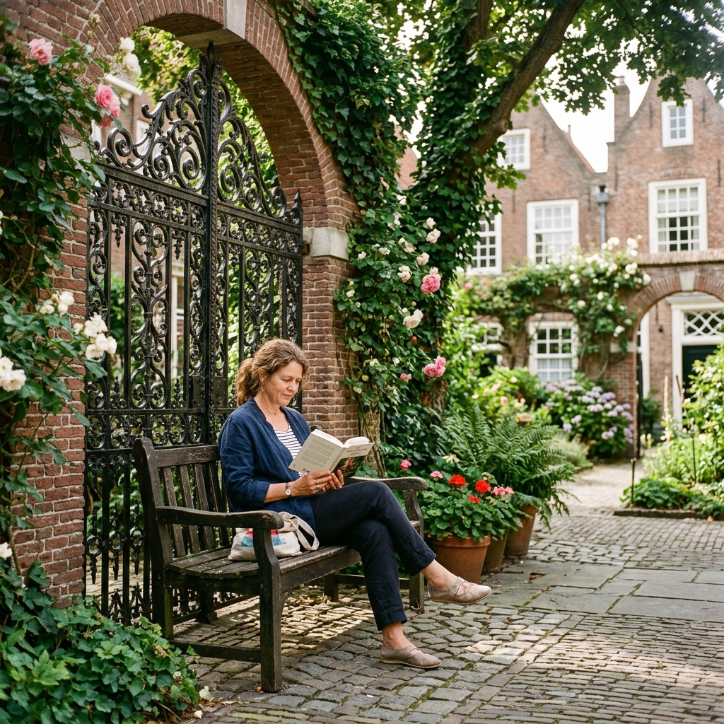 Woman sitting peacefully near a historic iron gate