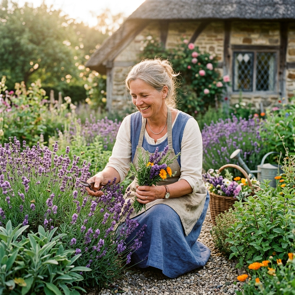 Dutch woman in a sunlit lavender and herb garden
