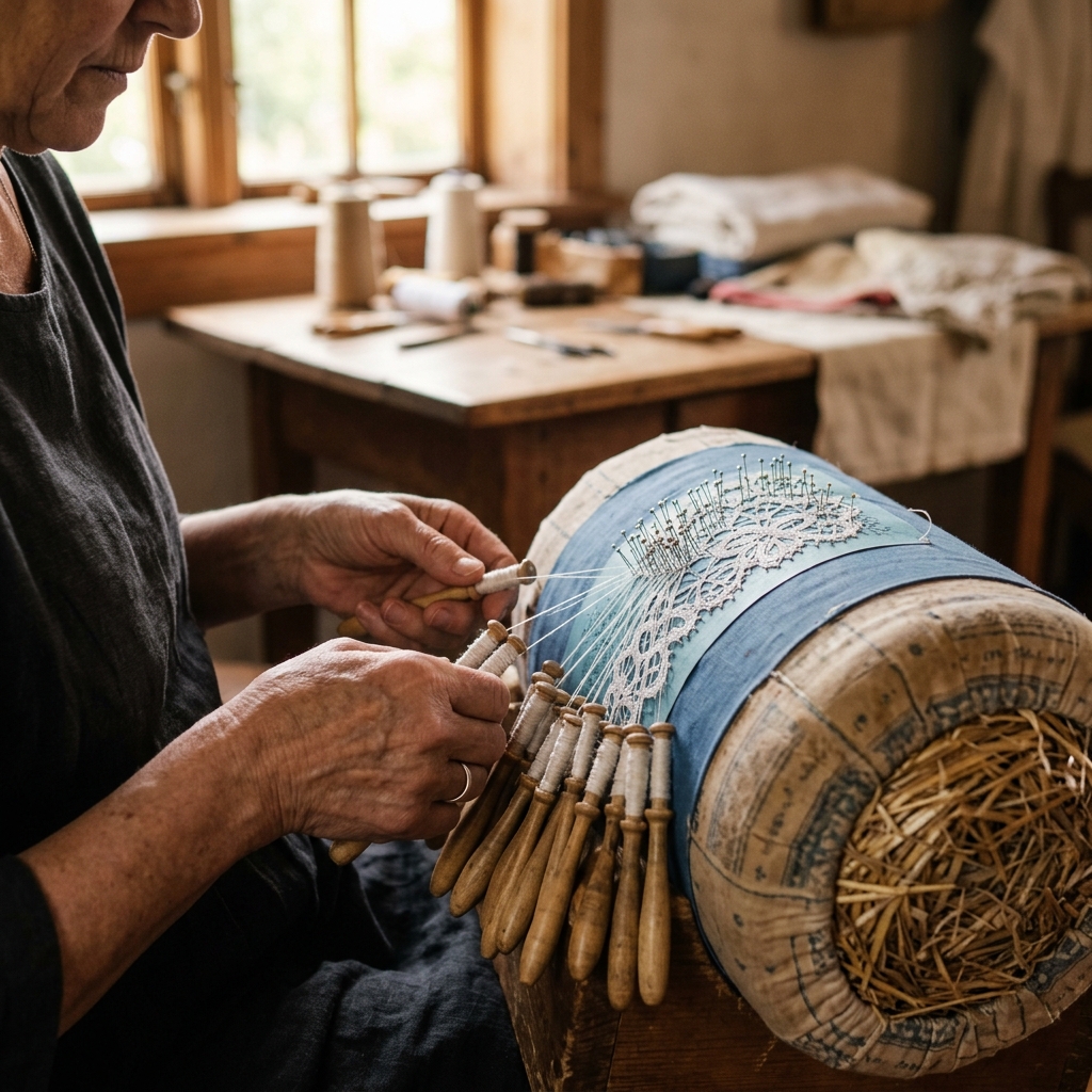 Woman's hands creating delicate traditional lace
