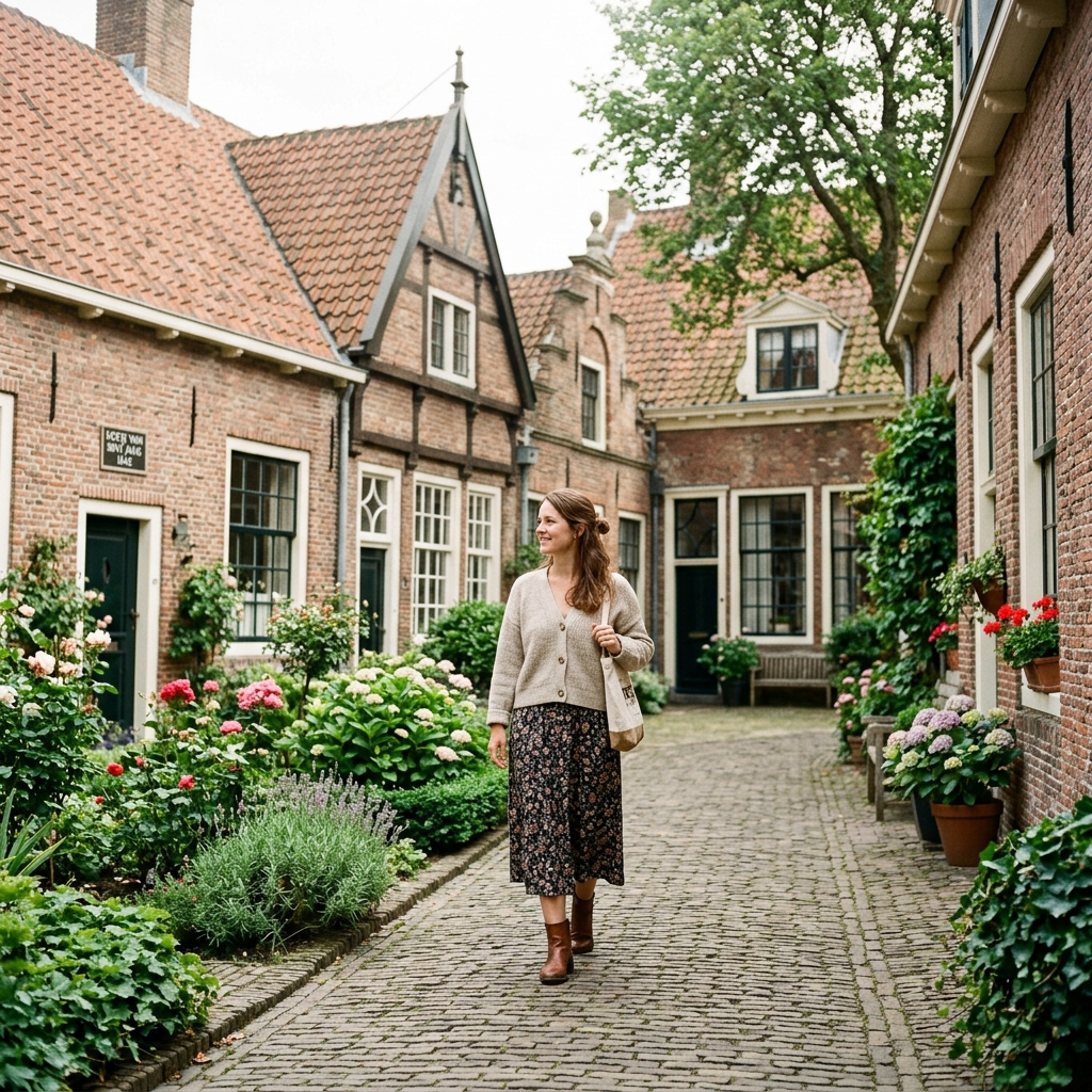 Woman walking peacefully through a historic Dutch courtyard