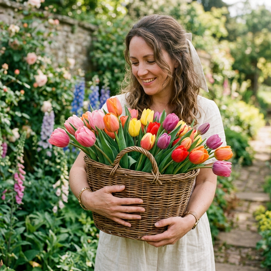 Woman holding a woven basket full of fresh tulips in a heritage garden